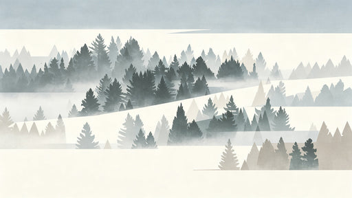 A soft, painterly mural featuring layers of pine trees in slate gray and charcoal fading into foggy cream backgrounds.