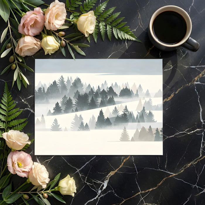 A minimalist home office featuring a foggy forest wall mural as a calm backdrop.