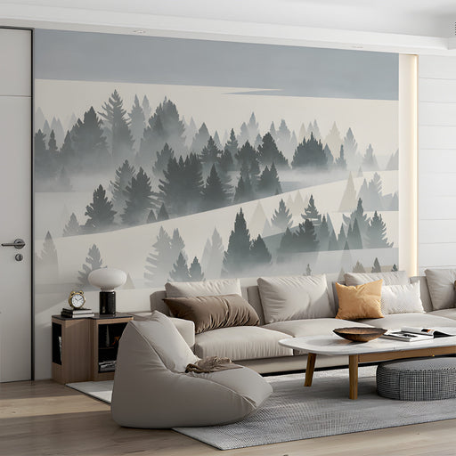 A cozy living room wall decorated with a soft grey and cream pine forest landscape wallpaper.