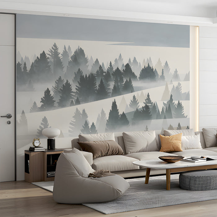 A cozy living room wall decorated with a soft grey and cream pine forest landscape wallpaper.