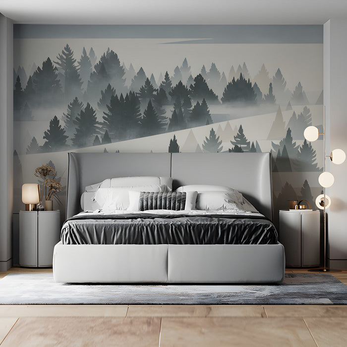 A serene bedroom with a mist-covered pine forest mural behind the headboard.