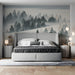A serene bedroom with a mist-covered pine forest mural behind the headboard.