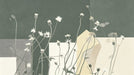 Abstract floral pattern featuring white wildflowers on blocky green, gray, and ochre backgrounds.