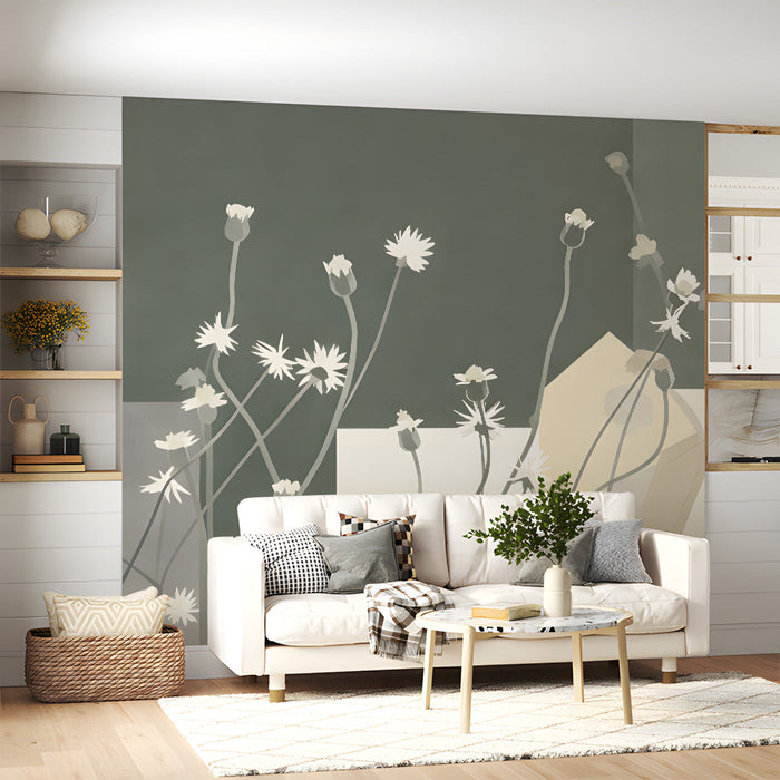 Botanical art mural behind a reading chair in a bright, airy living room nook.