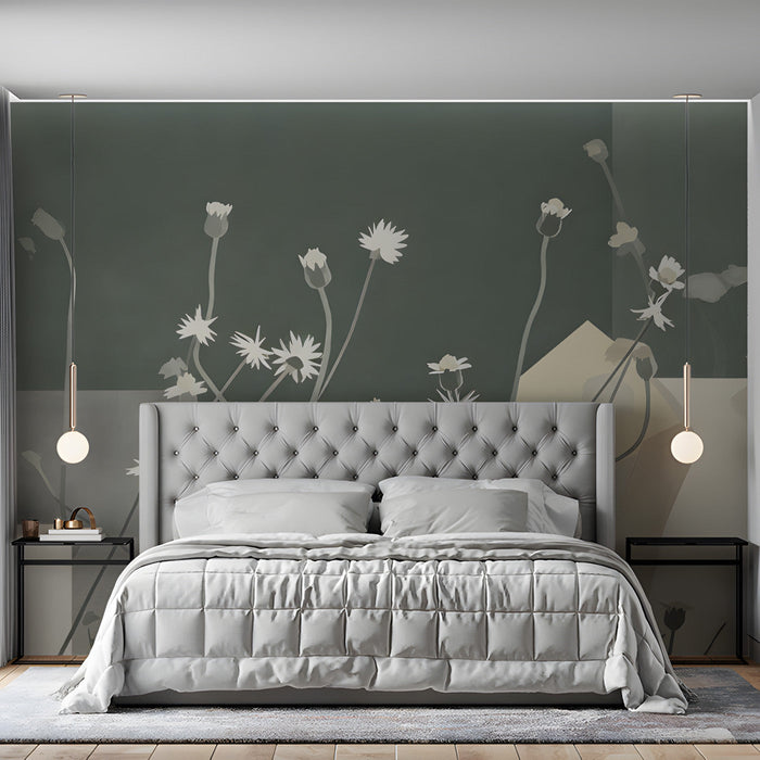 Floral wall mural in a minimalist bedroom with neutral bedding and wooden side tables.