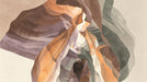Abstract canyon landscape wallpaper with flowing layers of ochre, plum, and slate gray