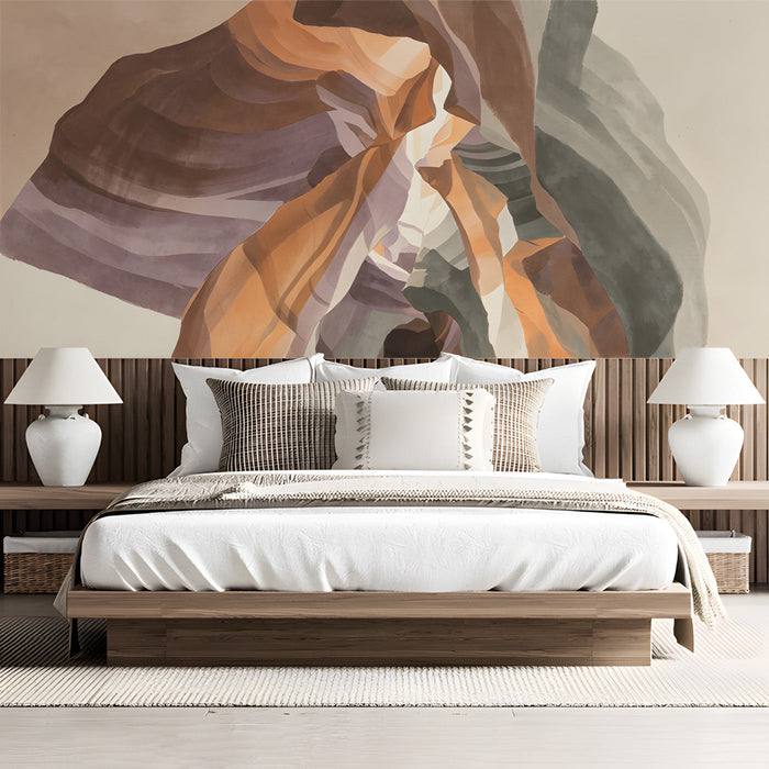 Bedroom with canyon layer mural wallpaper on a curved feature wall behind a sofa