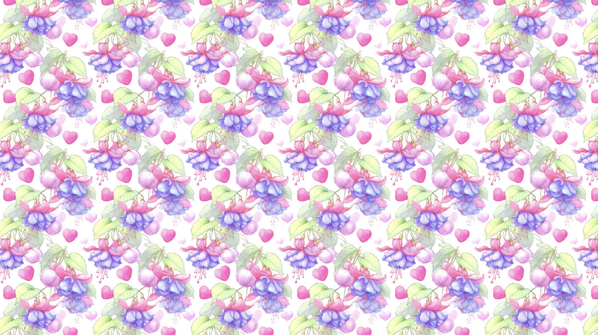 A repeating wallpaper pattern featuring watercolor fuchsia flowers in magenta and violet with pale green leaves and small pink hearts on white