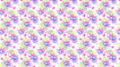 A repeating wallpaper pattern featuring watercolor fuchsia flowers in magenta and violet with pale green leaves and small pink hearts on white