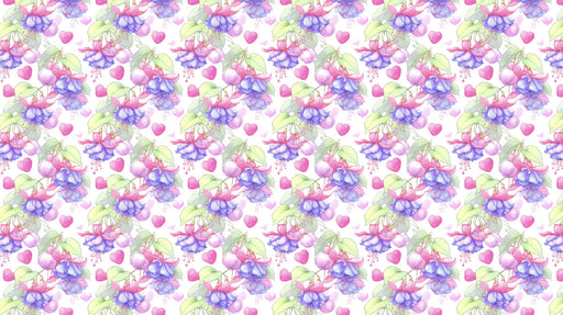 A repeating wallpaper pattern featuring watercolor fuchsia flowers in magenta and violet with pale green leaves and small pink hearts on white