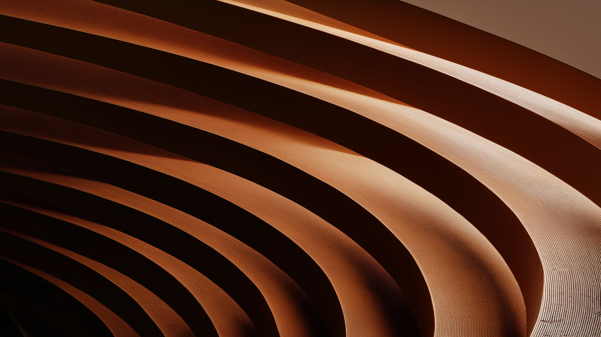 Abstract pattern of sweeping curved terracotta lines with a textured, ribbed appearance.