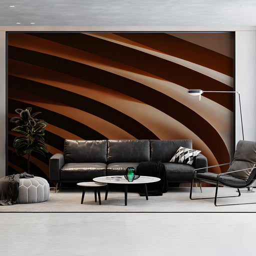 Living room wall featuring rhythmic terracotta curves for a grounded, focused workspace.