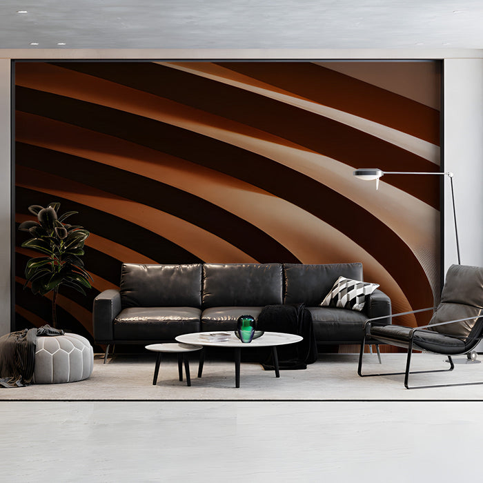 Living room wall featuring rhythmic terracotta curves for a grounded, focused workspace.