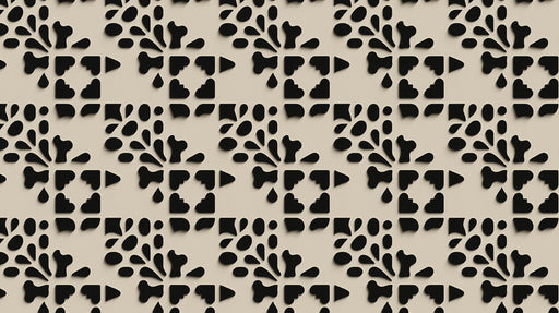 Geometric wallpaper pattern with charcoal organic shapes and stepped blocks on a neutral warm beige background.