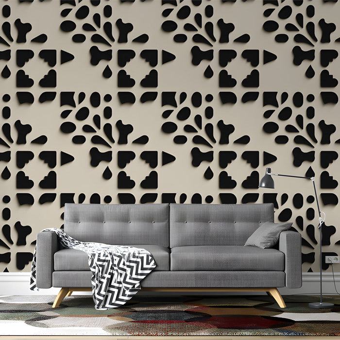 Sleek living room design featuring a bold abstract geometric feature wall in a monochromatic neutral palette.