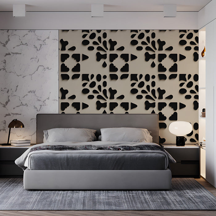 Modern bedroom featuring charcoal and beige abstract geometric wall mural with walnut desk furniture.
