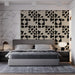 Modern bedroom featuring charcoal and beige abstract geometric wall mural with walnut desk furniture.