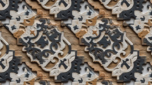 Repeating pattern of 3D architectural relief featuring charcoal and sandstone stone carvings