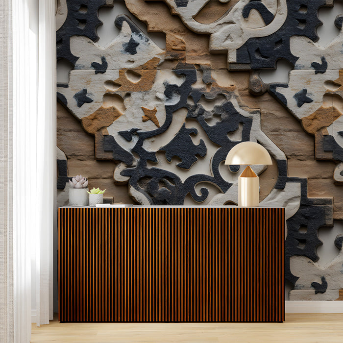 Bedroom with stone carving texture wallpaper to create a scholarly mood