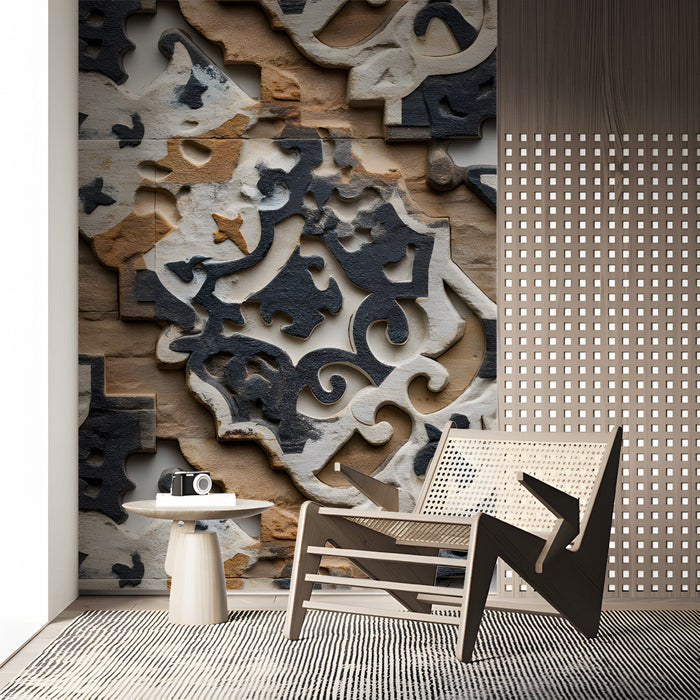 Study interior featuring architectural stone relief wallpaper as a focal wall