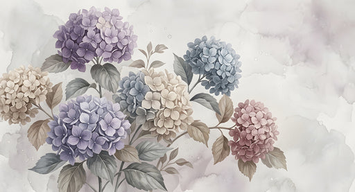 Close-up of watercolor hydrangea mural with violet, blue, and sand-colored floral clusters on a cream background.