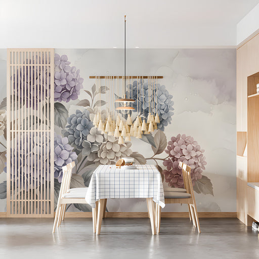 Hydrangea mural pattern displayed in a serene dining room workspace with natural light.