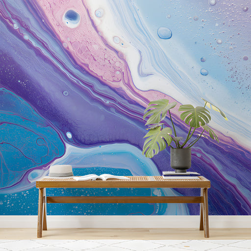 Modern study featuring a fluid art mural wall with purple and blue swirls