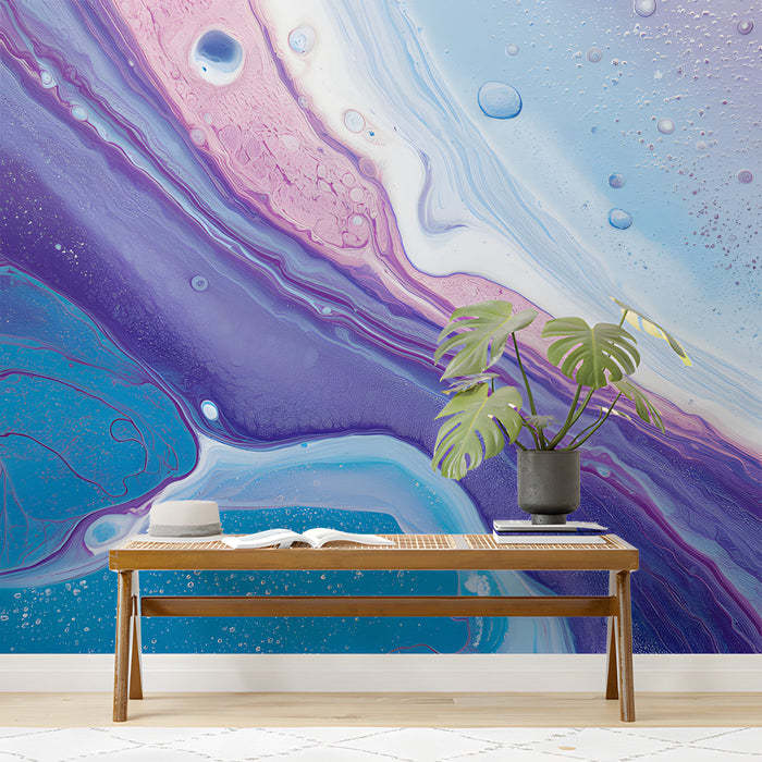 Modern study featuring a fluid art mural wall with purple and blue swirls