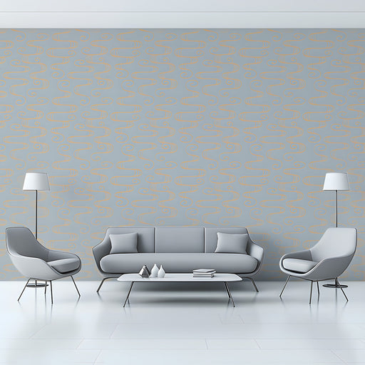 Serene living room interior showcasing a light gray and sand colored linear mural wallpaper.