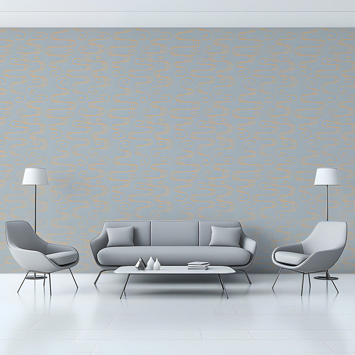 Serene living room interior showcasing a light gray and sand colored linear mural wallpaper.