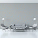 Serene living room interior showcasing a light gray and sand colored linear mural wallpaper.