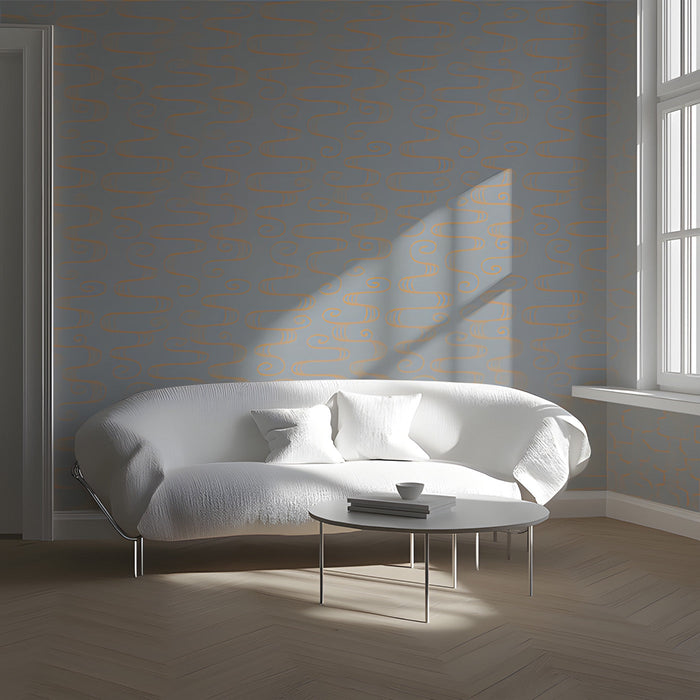 Living room wall featuring a subtle, wavy line pattern in a neutral gray and sand color palette.