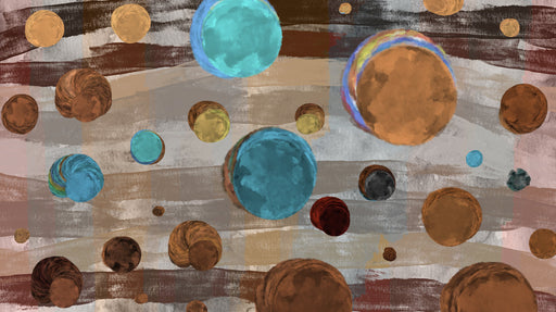 Abstract wallpaper pattern with painterly orbs in turquoise, ochre, and brown on a brush-stroked gray background