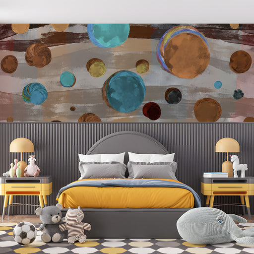 Kid's Bedroom wall decorated with an abstract painterly sphere wallpaper design
