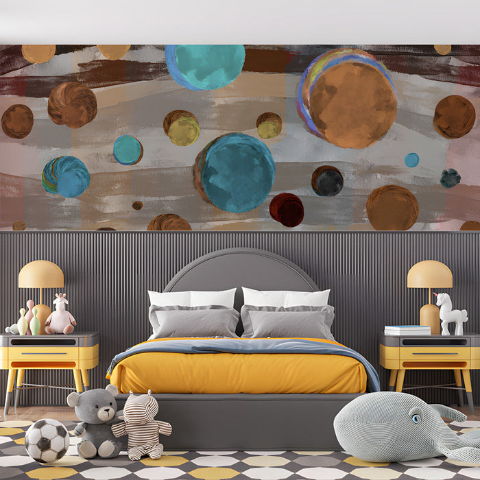Kid's Bedroom wall decorated with an abstract painterly sphere wallpaper design