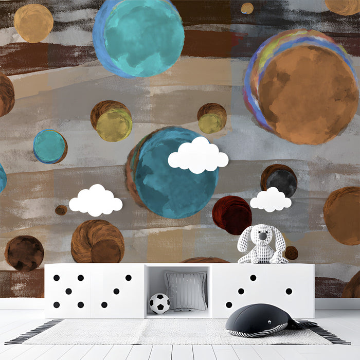 Modern playroom featuring an abstract sphere mural with warm and cool tones