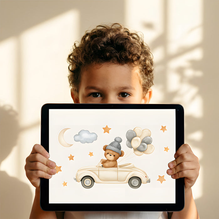 Gender neutral playroom wall with whimsical bear and car illustration wallpaper