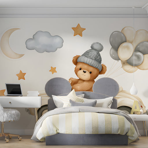 Soft-toned bedroom wall decorated with teddy bear mural for a peaceful child environment