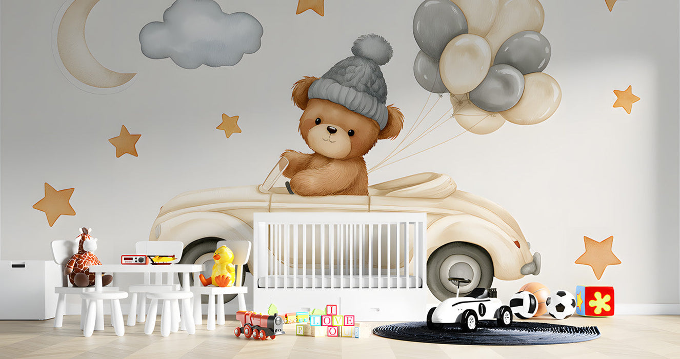 Nursery room featuring a playful teddy bear wall mural behind a wooden crib