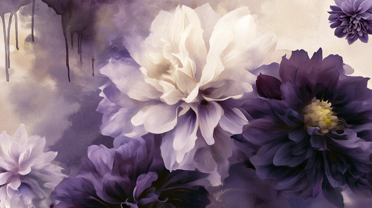 Large painterly dahlia flowers in deep purple, plum, and cream on a watercolor-style background.