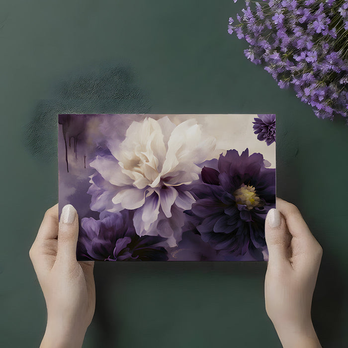 Sophisticated dining room featuring a dark purple dahlia flower wallpaper as an elegant focal point.