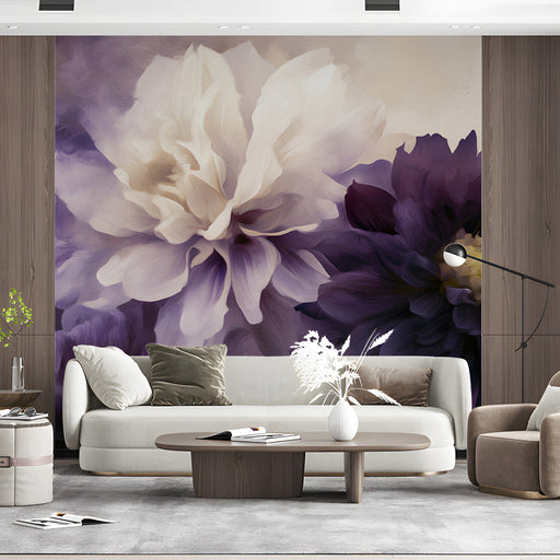A quiet living room styled with large-scale artistic floral wallpaper and a mid-century modern lounge chair.