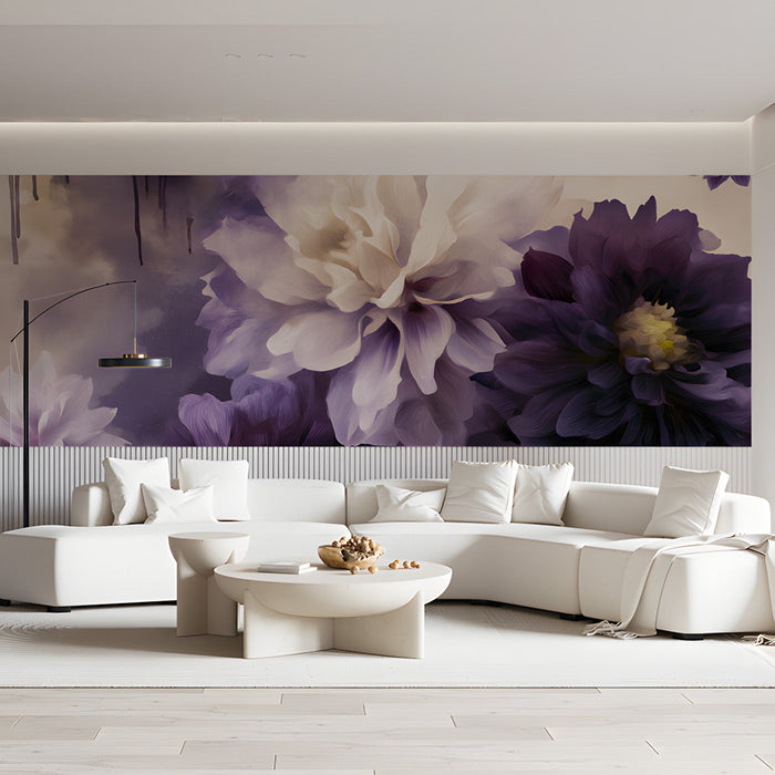 Moody floral mural wallpaper installed as a dramatic feature wall in a living room with velvet bedding.