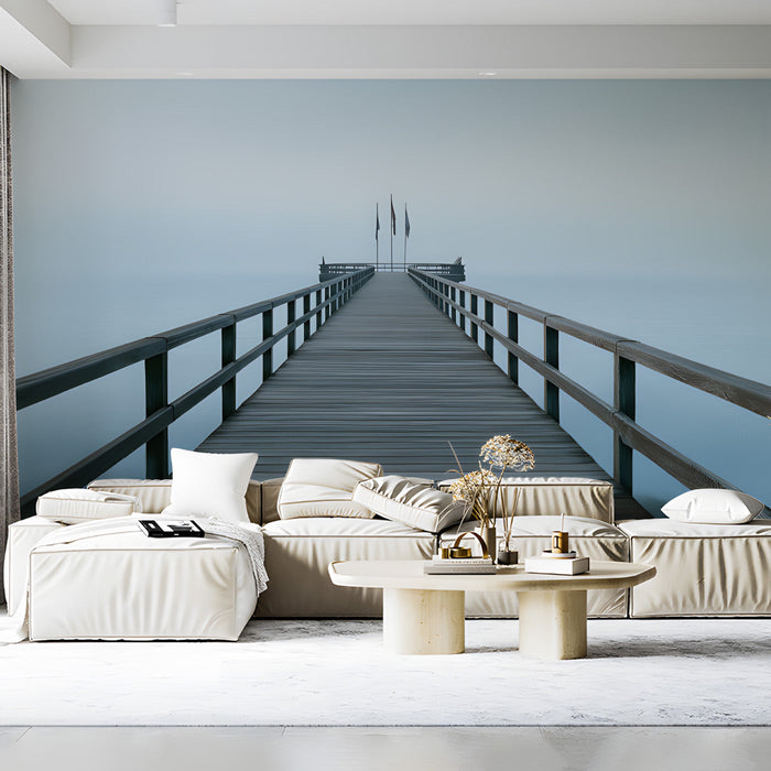An atmospheric home office space featuring the misty horizon mural on the main feature wall.