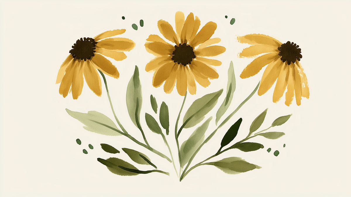 A painterly floral mural with yellow ochre sunflowers and sage green leaves on an off-white background.