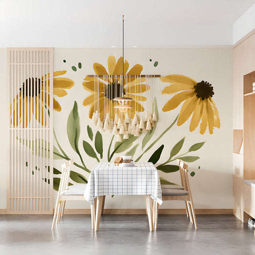 A calm dining room interior with a wildflower mural creating a gentle focal point behind the bed.