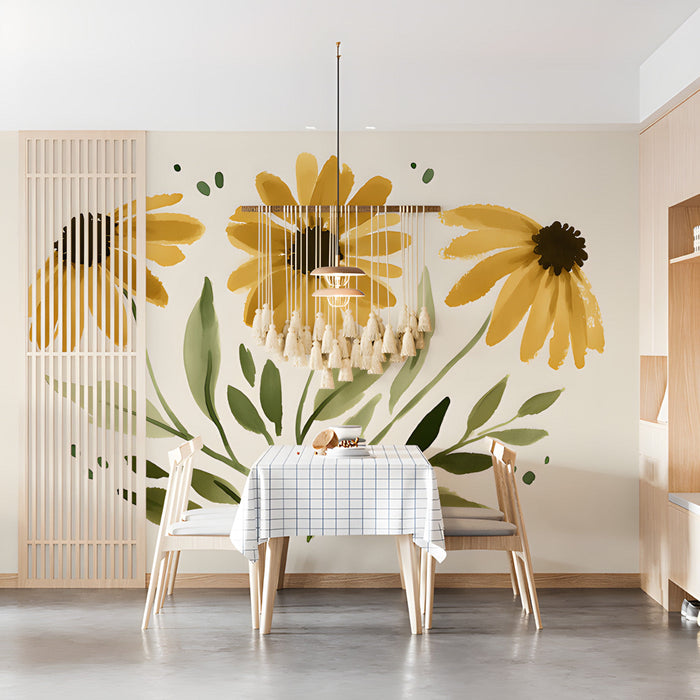 A calm dining room interior with a wildflower mural creating a gentle focal point behind the bed.