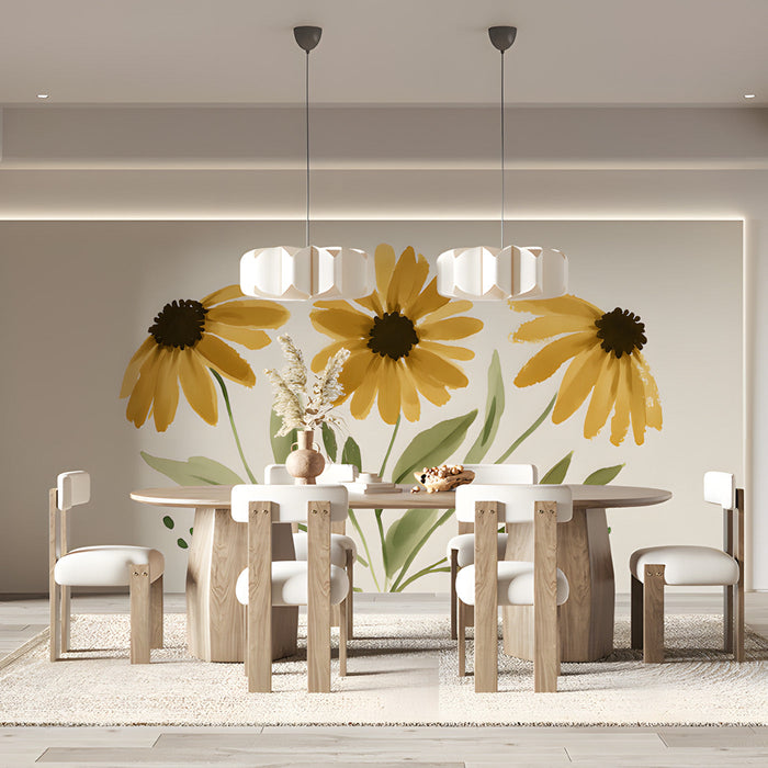 A bright sun-filled meeting room with a floral yellow mural on the main wall above a wooden table.