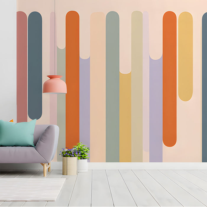 Modern home office with abstract dripping line wallpaper on the back wall behind a wooden desk