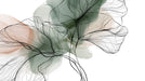 Abstract botanical wall mural featuring fine black line art over sage green and blush watercolor washes on white.